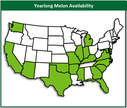 Map of U.S. showing yearlong melon availability.